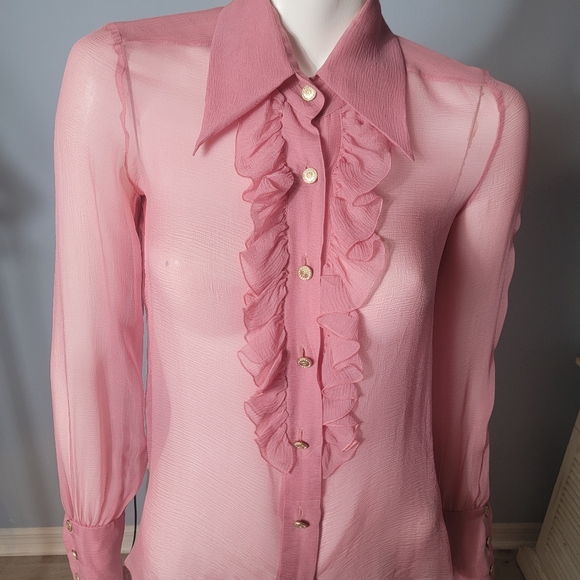 CHANEL fall 2006 runway pink ruffle blouse gold crystal logo buttons size 34 - Picture 3 of 16